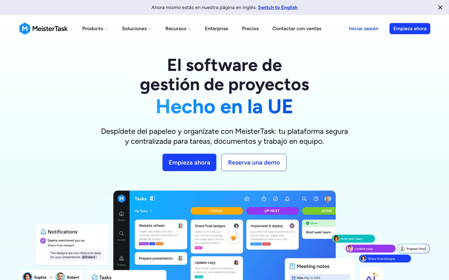 Captura de pantalla del sitio de MeisterTask