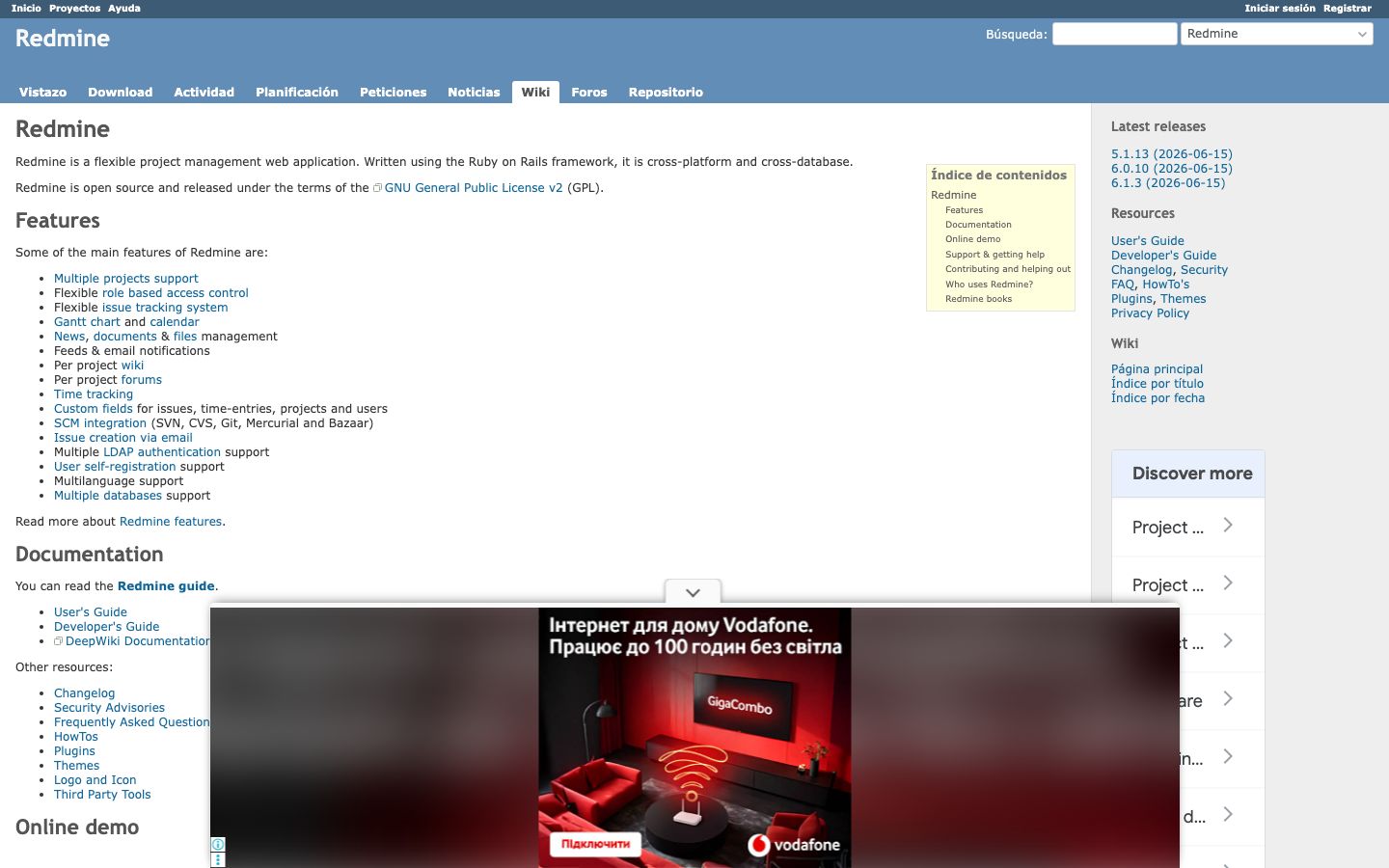 Captura de pantalla del sitio de Redmine