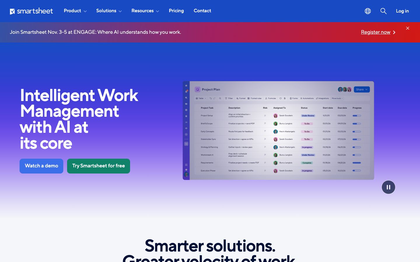 Captura de pantalla del sitio de Smartsheet